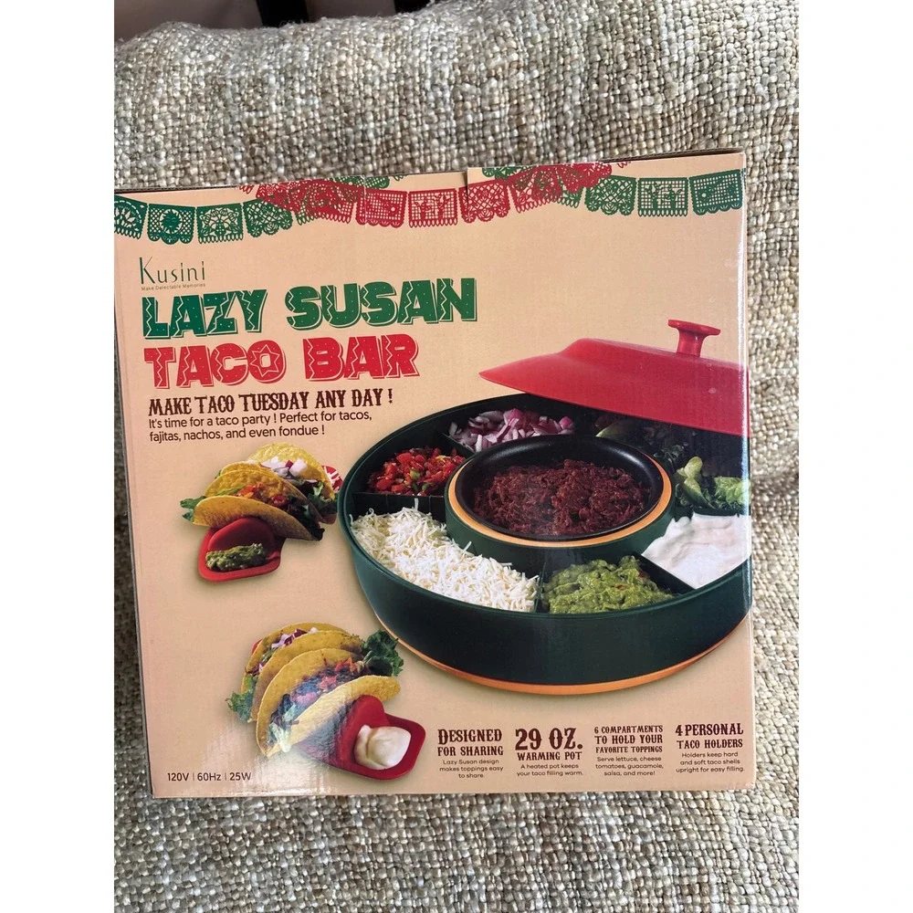 Kusini Lazy Susan Taco Bar Electric Warming Pot 6 Compartments 4 Taco HoldersNew